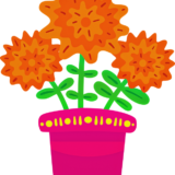 Verdemar Dibujo de maceta color rosa mexicano con tres flores de cempasúchil, tradicionales del Día de Muertos