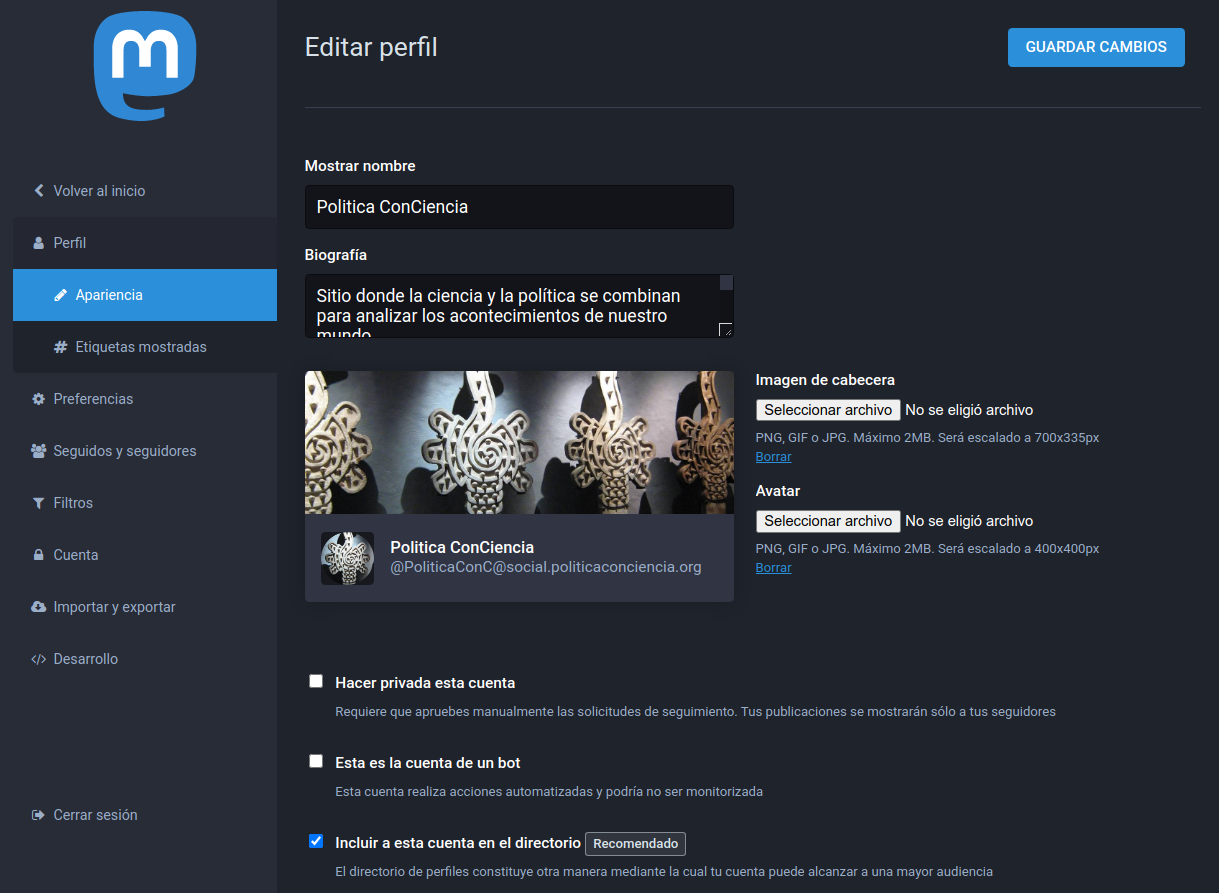 Captura de pantalla de las primeras opciones del perfil del usuario en la Red Social de Política ConCiencia