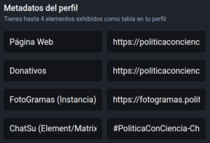 Captura de pantalla de la zona correspondiente a los metadatos del perfil del usuario