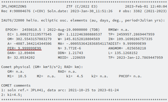 Tabla de datos del JPL que muestra un período orbital "infinito"