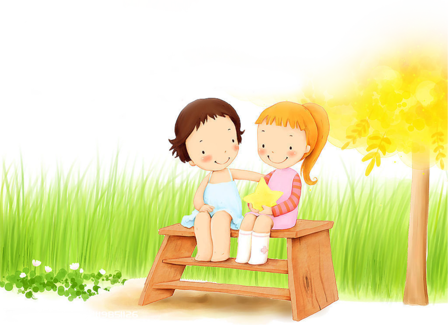 Dos niñas sentadas en una banca de madera sobre el pasto platicando.