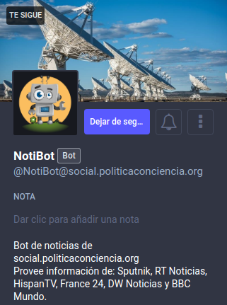 Captura de pantalla del perfil del Bot de Noticias de Política ConCiencia, NotiBot.